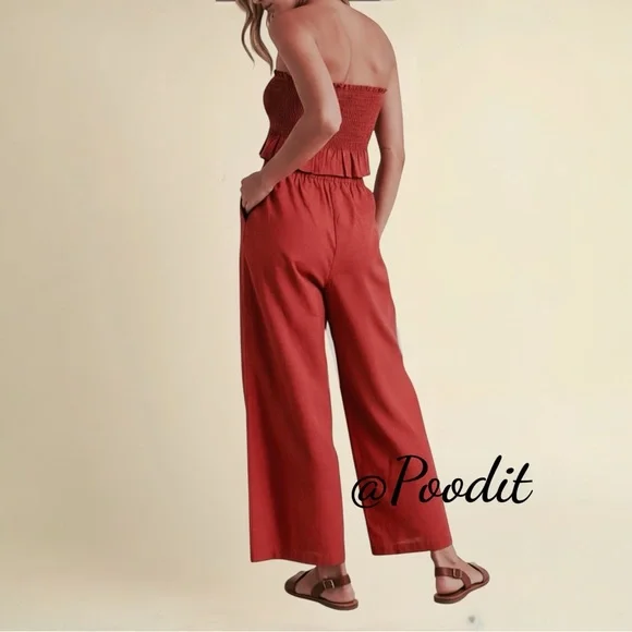 KLESIS rust wide leg smocked top linen two piece set sz LARGE - Picture 2 of 3